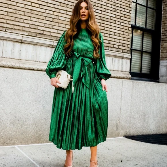 MARC JACOBS RUNWAY Pleated Belted Midi Dress in Metallic Green 2 NWT Midi